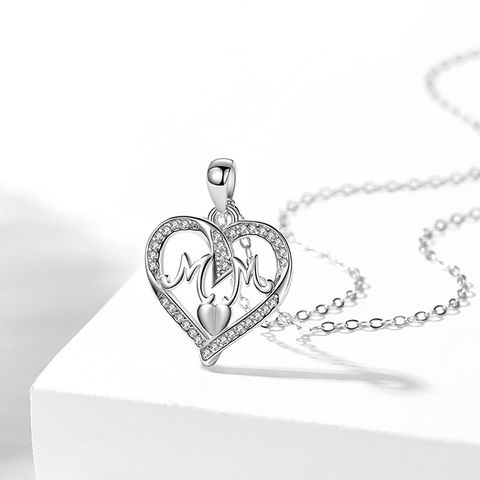 1 Piece Fashion Mama Letter Heart Shape Silver Plating Hollow Out Inlay Rhinestones Mother's Day Women's Pendant Necklace