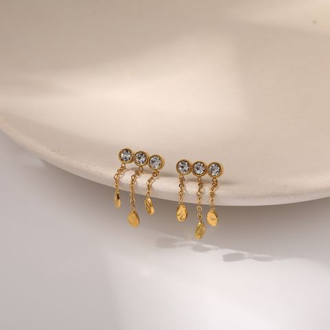 1 Pair Fashion Round Water Droplets Tassel Titanium Steel Zircon 18k Gold Plated Drop Earrings