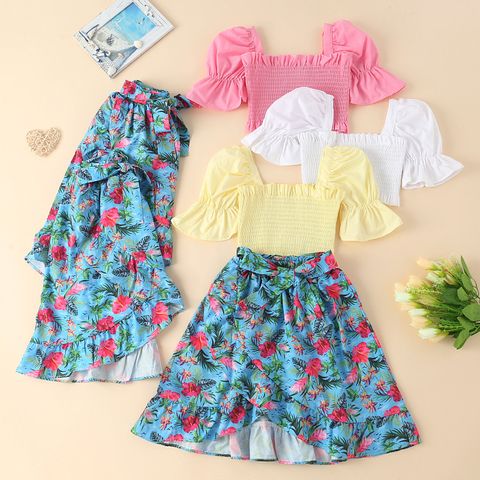 Fashion Solid Color Flower Polyester Girls Clothing Sets