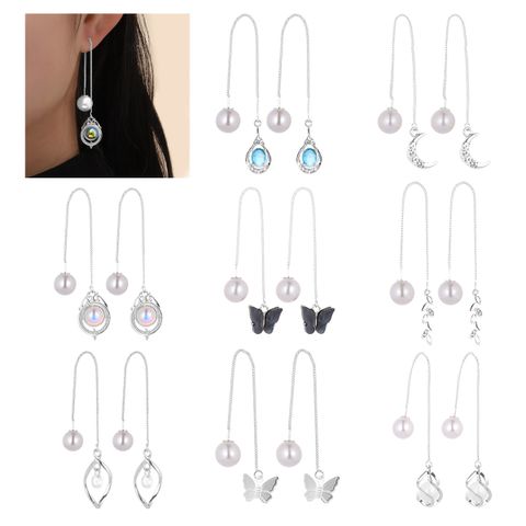 1 Pair Simple Style Moon Alloy Plating Inlay Artificial Pearls Rhinestones Women's Drop Earrings