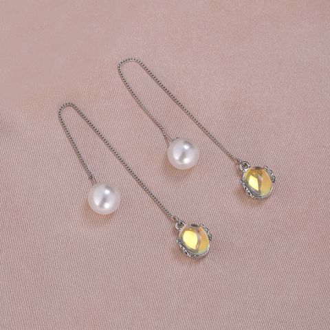 1 Pair Simple Style Moon Alloy Plating Inlay Artificial Pearls Rhinestones Women's Drop Earrings