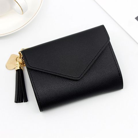 Women's Solid Color Pu Leather Tassel Flip Cover Coin Purses