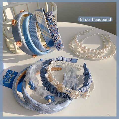 Fashion Plaid Cloth Handmade Artificial Pearls Rhinestones Hair Band 1 Piece
