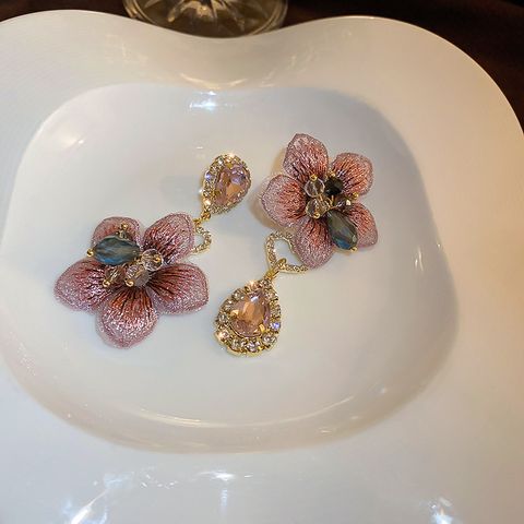 1 Pair Sweet Flower Bow Knot Alloy Beaded Inlay Rhinestones Pearl Women's Drop Earrings