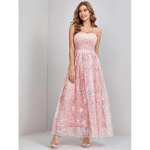 Women's Party Dress British Style Strapless Patchwork Lace Sleeveless Flower Maxi Long Dress Banquet