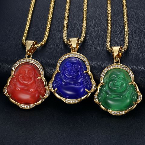 Ethnic Style Buddha Stainless Steel Inlay Rhinestones Opal Pendant Necklace 1 Piece