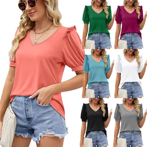 Women's T-shirt Short Sleeve T-shirts Pleated Fashion Solid Color