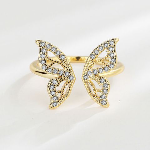 Glänzend Schmetterling Kupfer Vergoldet Versilbert Zirkon Offener Ring In Masse