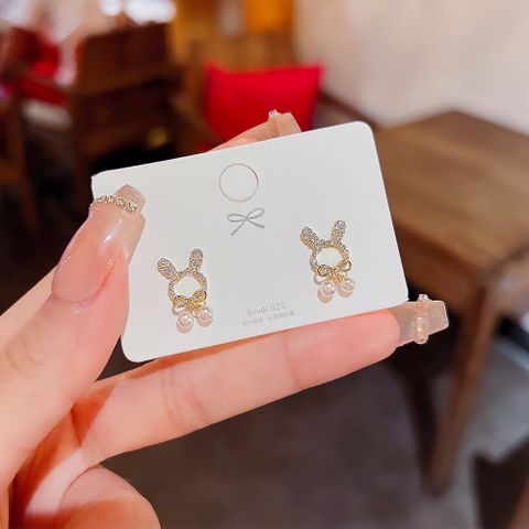 1 Pair Cute Bunny Ears Alloy Inlay Artificial Gemstones Women's Ear Studs