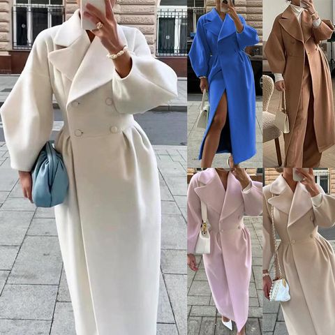 Women's Elegant Fashion Solid Color Pocket Patchwork Single Breasted Coat Woolen Coat