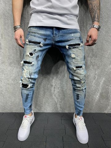 Men's Sports Hip-hop Solid Color Full Length Patchwork Washed Jeans