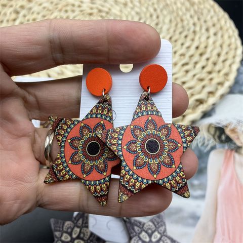 1 Pair Ethnic Style Color Block Star Wood Stoving Varnish Women's Chandelier Earrings