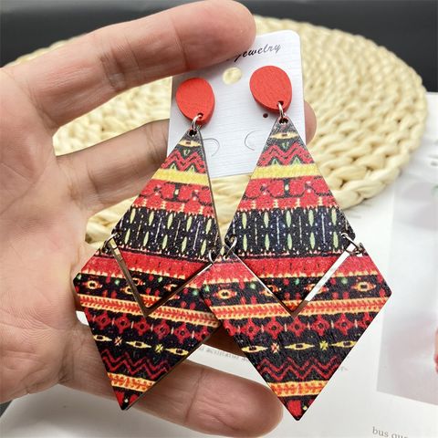 1 Pair Bohemian Color Block Rhombus Wood Stoving Varnish Women's Chandelier Earrings