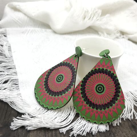 1 Pair Bohemian Round Color Block Water Droplets Wood Patchwork Women's Chandelier Earrings