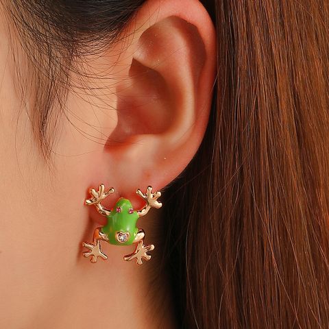 1 Pair Cute Frog Alloy Enamel Plating Inlay Rhinestones 14k Gold Plated Women's Ear Studs