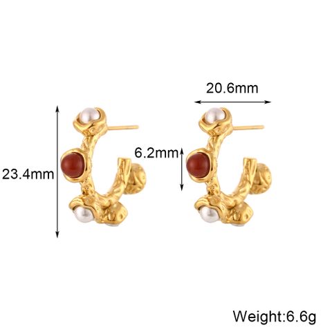1 Pair Fashion C Shape Inlay Stainless Steel Pearl 18k Gold Plated Ear Studs