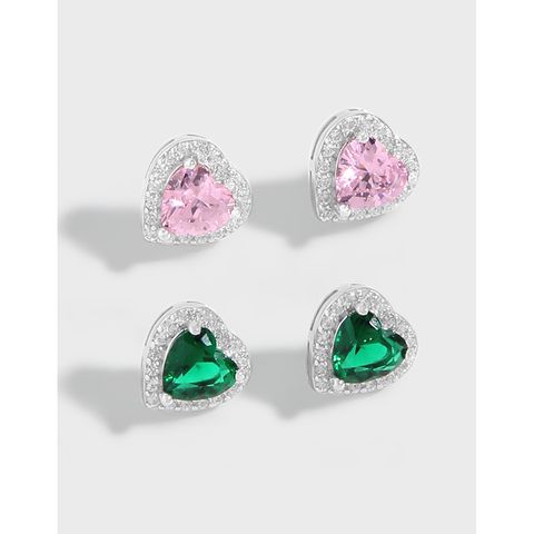 1 Pair Shiny Heart Shape Sterling Silver Plating Inlay Zircon Ear Studs