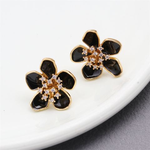 1 Pair Elegant Flower Petal Enamel Inlay Copper Zircon Gold Plated Ear Studs