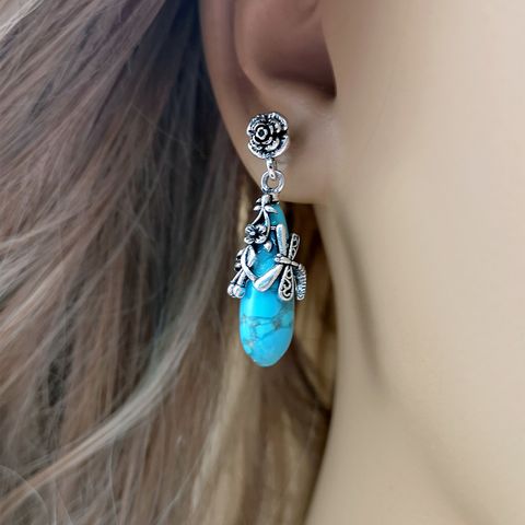 1 Pair Vintage Style Flower Dragonfly Metal Plating Inlay Turquoise Silver Plated Women's Drop Earrings