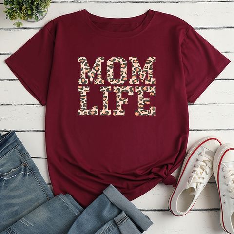 Women's T-shirt Short Sleeve T-shirts Printing Casual Mama Letter Leopard