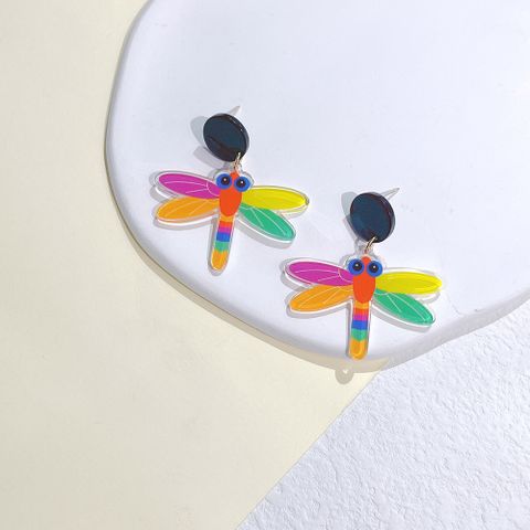 1 Pair Cartoon Style Heart Shape Flower Dragonfly Arylic Epoxy Women's Drop Earrings