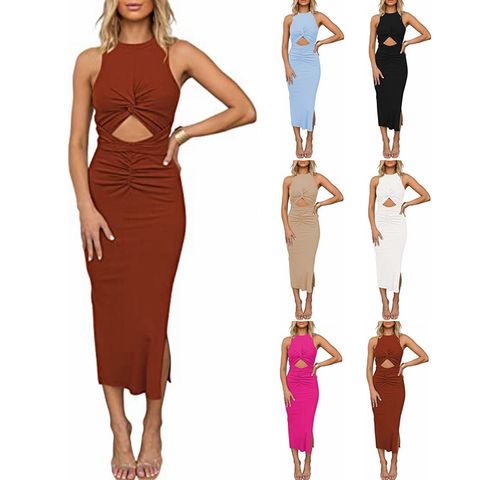 Women's Pencil Skirt Elegant Round Neck Pleated Hollow Out Sleeveless Solid Color Midi Dress Street
