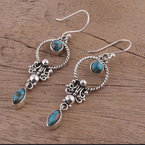 1 Pair Vintage Style Lady Round Metal Inlaid Turquoise Artificial Gemstones Silver Plated Women's Drop Earrings