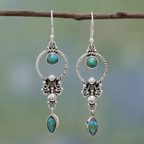 1 Pair Vintage Style Lady Round Metal Inlaid Turquoise Artificial Gemstones Silver Plated Women's Drop Earrings