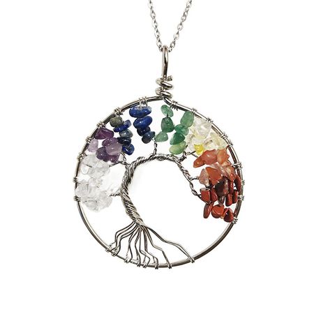 7-color Reiki Natural Stone Crystal Gravel Pachira Macrocarpa Hand-wound Tree Of Life Pendant Necklace Ornament