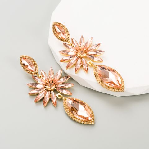 1 Par Brillante Flor Aleación Enchapado Embutido Diamantes De Imitación Vidrio Chapado En Oro Mujeres Pendientes De Gota