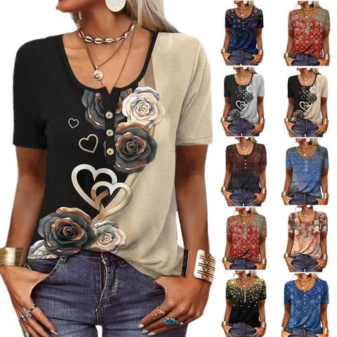 Women's T-shirt Short Sleeve T-shirts Printing Button Vintage Style Ethnic Style Flower