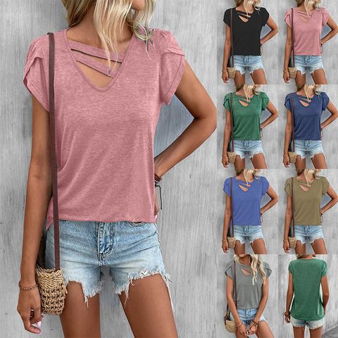 2023 Spring And Summer Europe And America Cross Border Temu Independent Station  New Women's Clothing Solid Color And V-neck Petal Sleeve Loose T-shirt