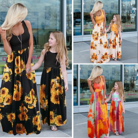 Fashion Printing Polyester Skirt Sets Midi Dress Family Matching Outfits