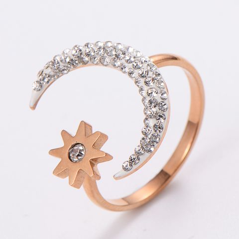 304 Stainless Steel 18K Gold Plated Elegant Korean Style Plating Inlay Star Moon Fish Tail Acrylic Rhinestones Open Ring
