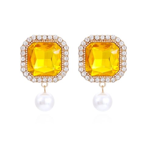 1 Pair Fashion Square Alloy Inlay Crystal Rhinestones Pearl Women's Drop Earrings