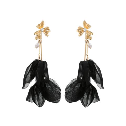 1 Pair Fashion Flower Cloth Pearl Inlay Rhinestones Women's Drop Earrings