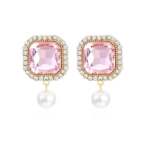 Wholesale Jewelry Ig Style Simple Style Square Alloy Rhinestones Glass Pearl Inlay Drop Earrings