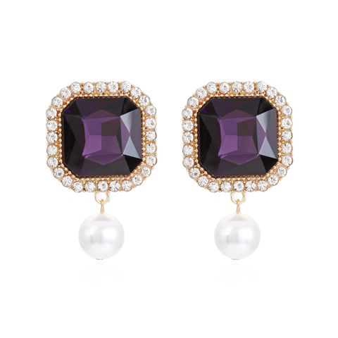 1 Pair Fashion Square Alloy Inlay Crystal Rhinestones Pearl Women's Drop Earrings