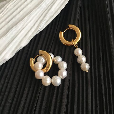 1 Pair Fashion Asymmetrical Freshwater Pearl Copper Beaded Plating Drop Earrings