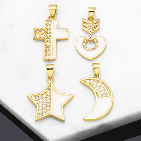 1 Piece Fashion Cross Star Moon Copper Enamel Plating Inlay Zircon 18k Gold Plated Pendants Jewelry Accessories