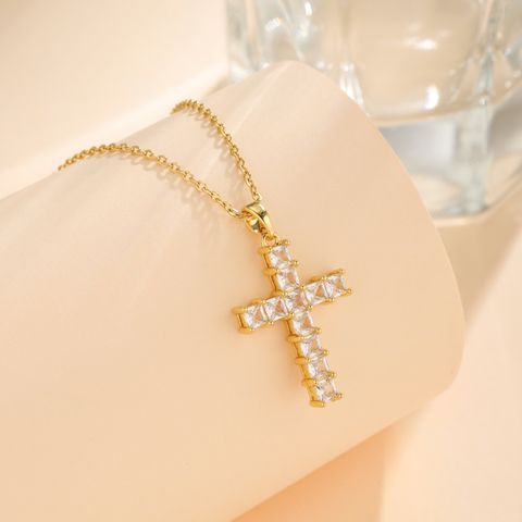 Stainless Steel Titanium Steel 18K Gold Plated Korean Style Plating Inlay Cross Square Flower Zircon Pendant Necklace
