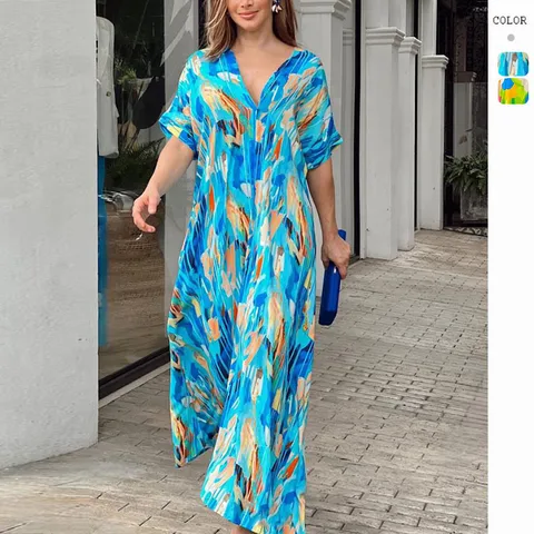 Women's Straight Skirt Casual V Neck Printing Half Sleeve Printing Maxi Long Dress Daily