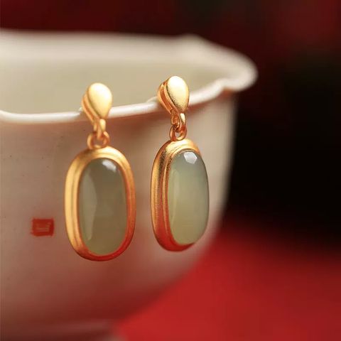 1 Pair Retro Oval Copper Inlay Jade Drop Earrings