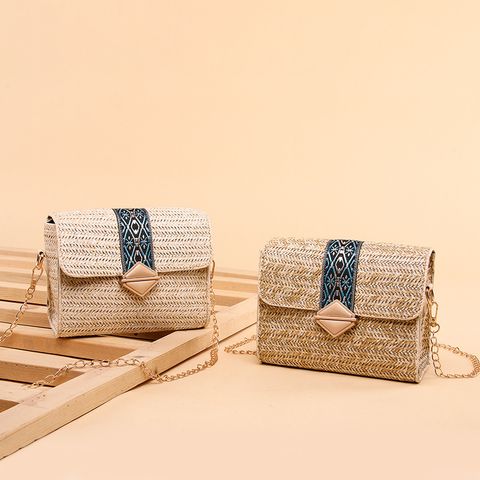 Women's Straw Solid Color Fashion Square Flip Cover Crossbody Bag Straw Bag Chain Bag