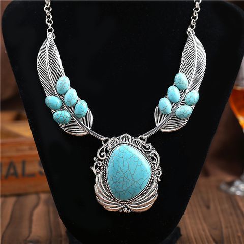 1 Piece Ethnic Style Irregular Feather Alloy Inlay Turquoise Necklace
