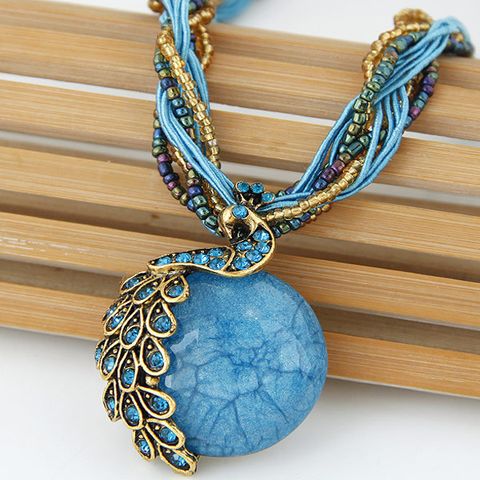 Ethnic Style Bohemian Peacock Alloy Inlay Resin Women's Pendant Necklace Sweater Chain