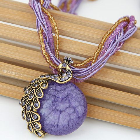 Ethnic Style Bohemian Peacock Alloy Inlay Resin Women's Pendant Necklace Sweater Chain