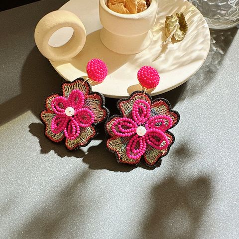 1 Pair Fashion Flower Alloy Cloth Seed Bead Handmade Patchwork Women's Drop Earrings