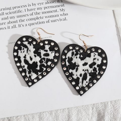 1 Pair Exaggerated Heart Shape Wood Inlay Rhinestones Women's Drop Earrings