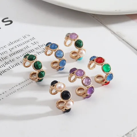 1 Piece Retro Round Alloy Inlay Natural Stone Resin Pearl Women's Open Ring